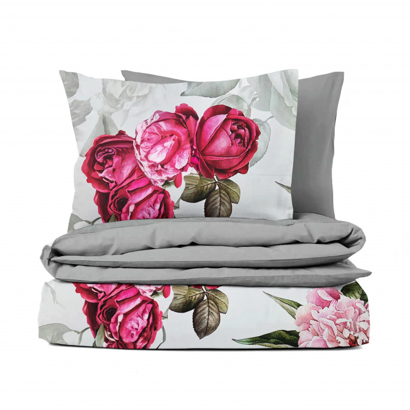 Ervi Bavlněné Saténové povlečení DELUXE DUO - Růžové růže a pivoňky/šedé