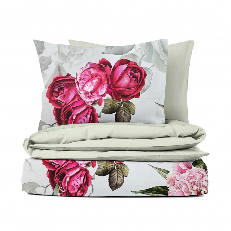 Ervi Bavlněné Saténové povlečení DELUXE DUO - Růžové růže a pivoňky/béžové
