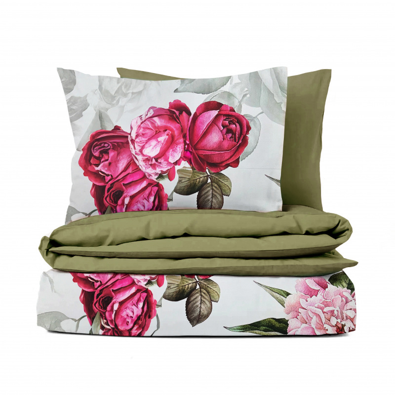 Ervi Bavlněné Saténové povlečení DELUXE DUO - Růžové růže a pivoňky/zelené
