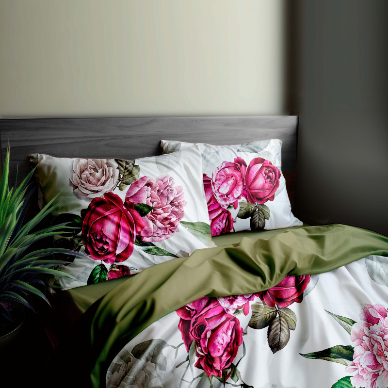 Ervi Bavlněné Saténové povlečení DELUXE DUO - Růžové růže a pivoňky/zelené