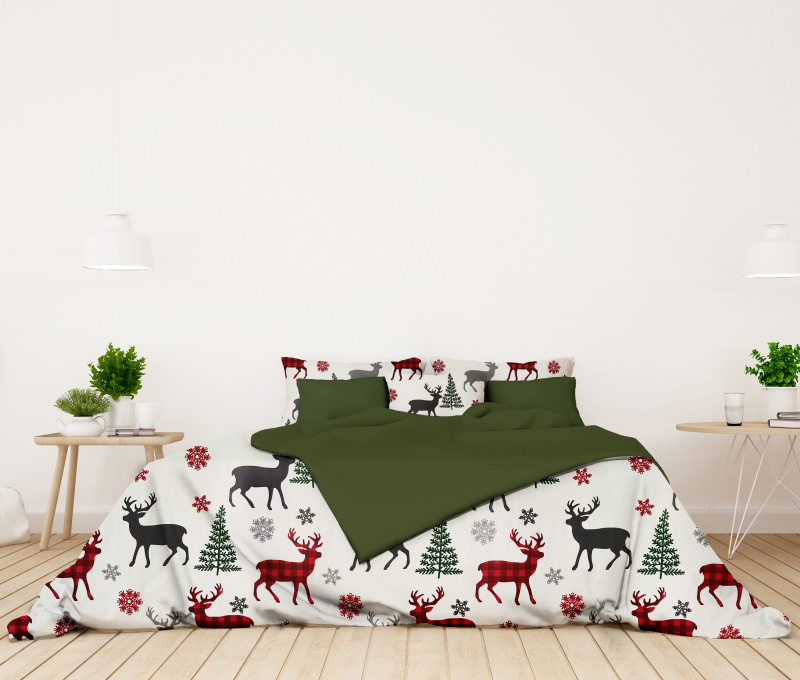 Ervi bavlněné povlečení oboustranné - Vánoční Jeleni/olivové
