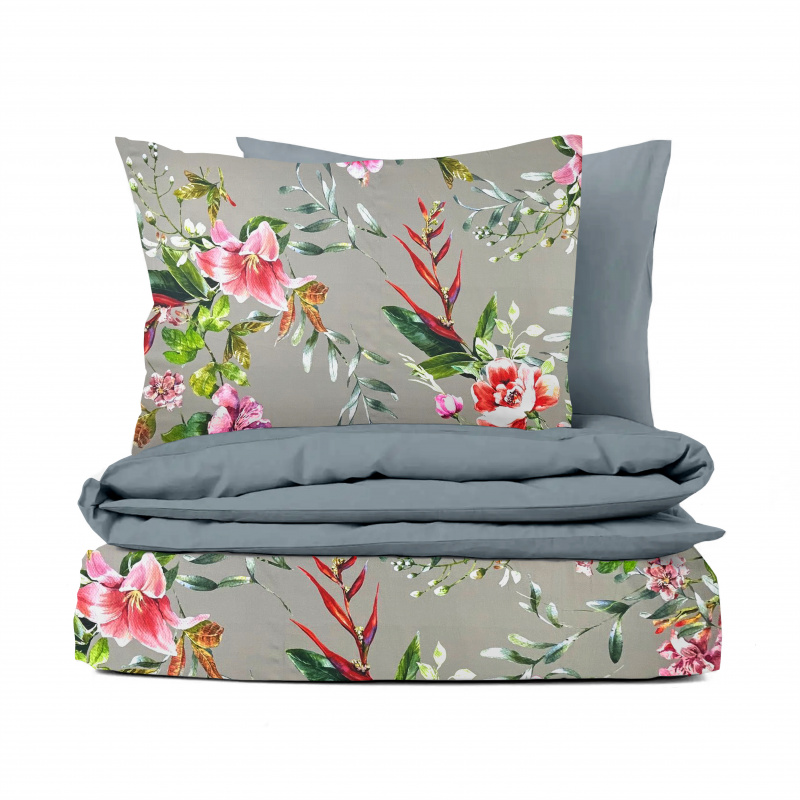 Ervi Bavlněné Saténové povlečení DELUXE DUO - malované kvítí s lístky/šedé