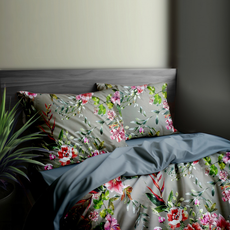 Ervi Bavlněné Saténové povlečení DELUXE DUO - malované kvítí s lístky/šedé