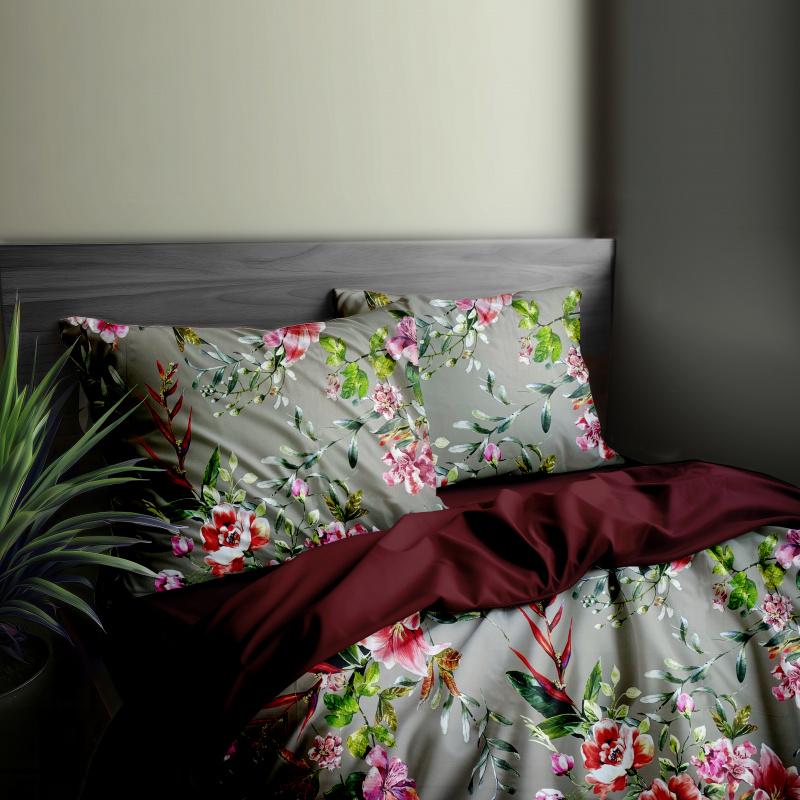 Ervi Bavlněné Saténové povlečení DELUXE DUO - malované kvítí s lístky/bordo