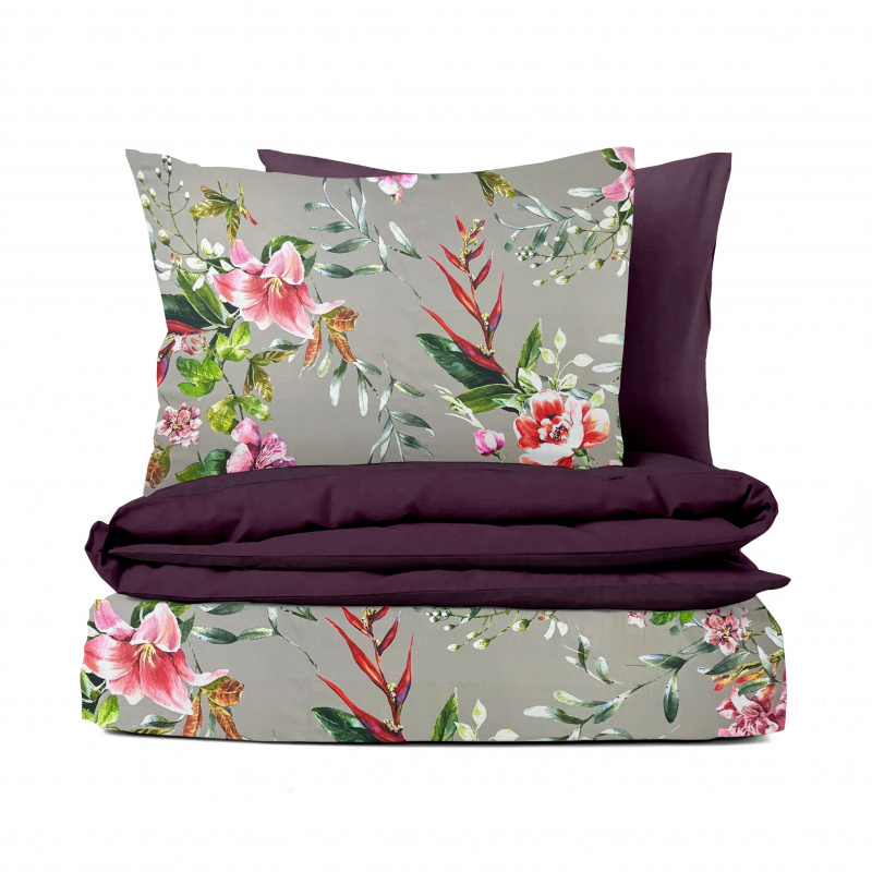 Ervi Bavlněné Saténové povlečení DELUXE DUO - malované kvítí s lístky/švestkové
