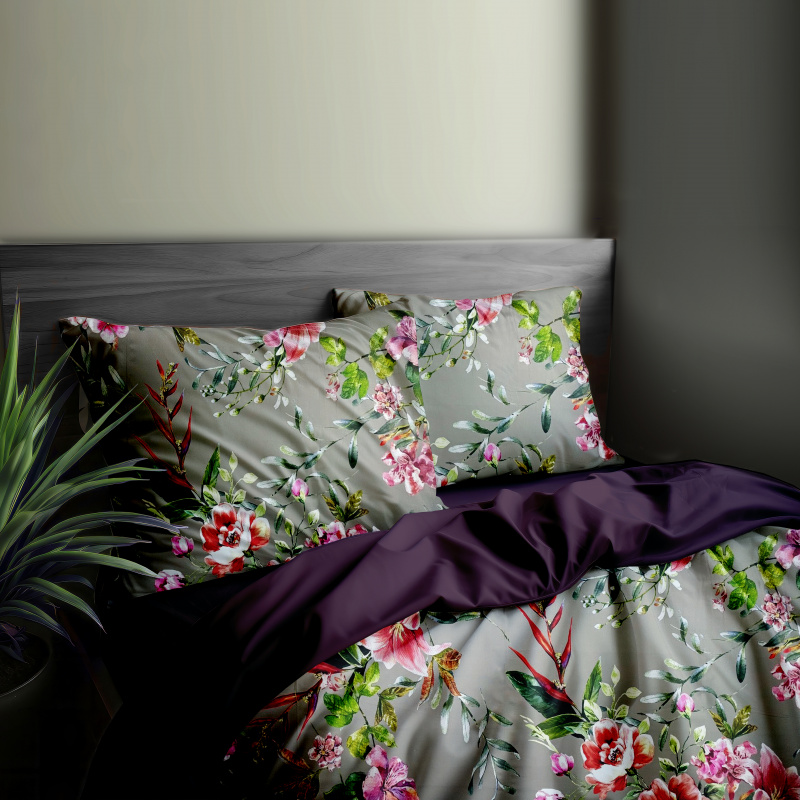 Ervi Bavlněné Saténové povlečení DELUXE DUO - malované kvítí s lístky/švestkové