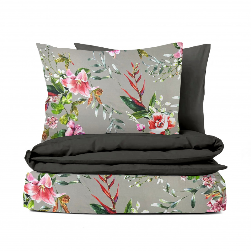 Ervi Bavlněné Saténové povlečení DELUXE DUO - malované kvítí s lístky/tmavě šedé