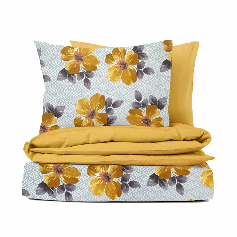 Ervi flanelové povlečení - oranžové květy na šedém/žluté