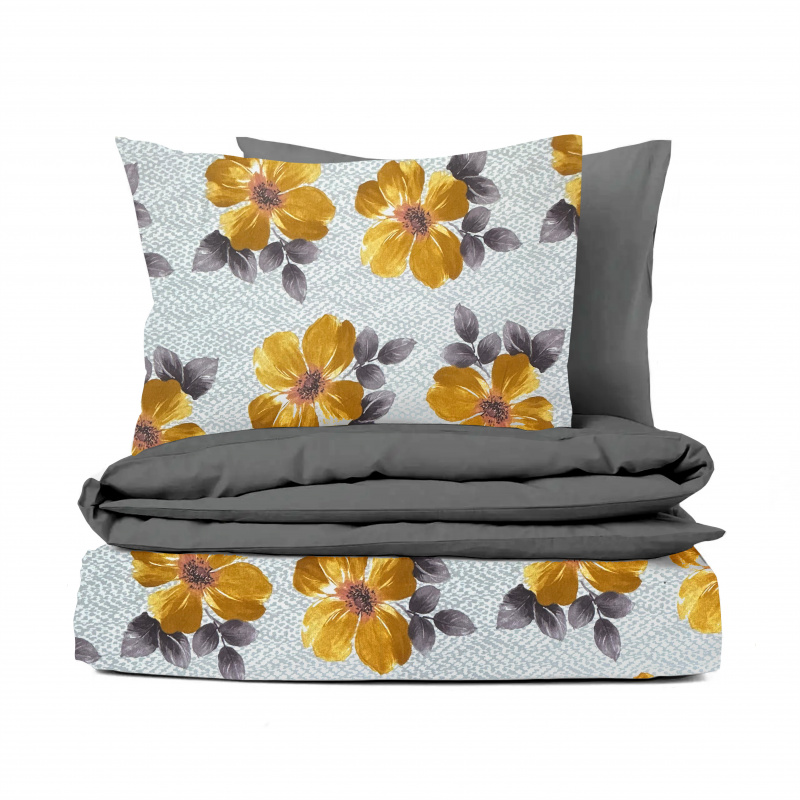 Ervi FLANELOVÉ bavlněné povlečení - oranžové květy na šedém/šedé