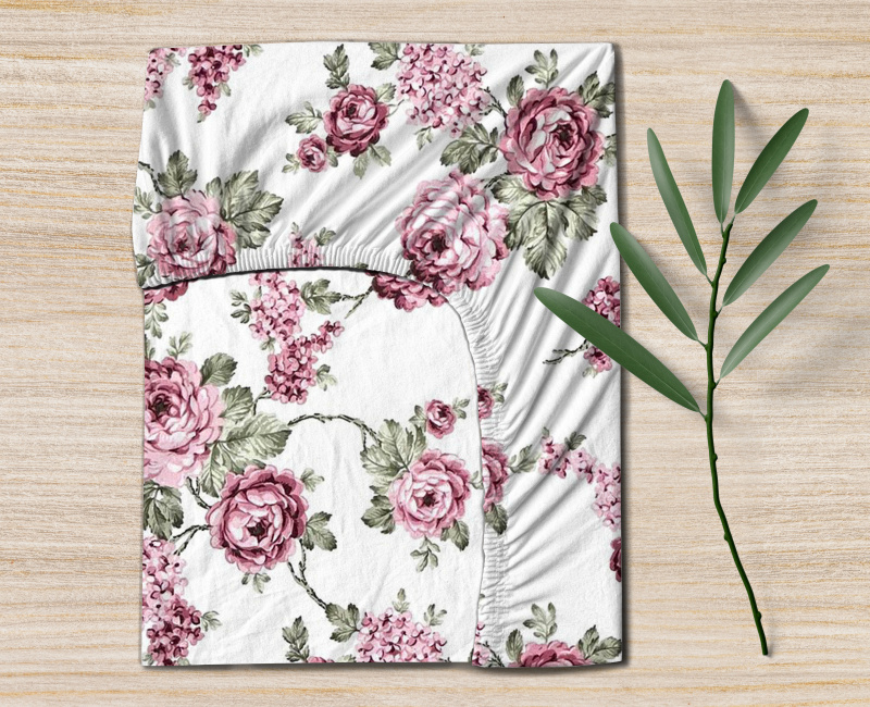 Ervi bavlněné napínací prostěradlo - růžové květy na bílém