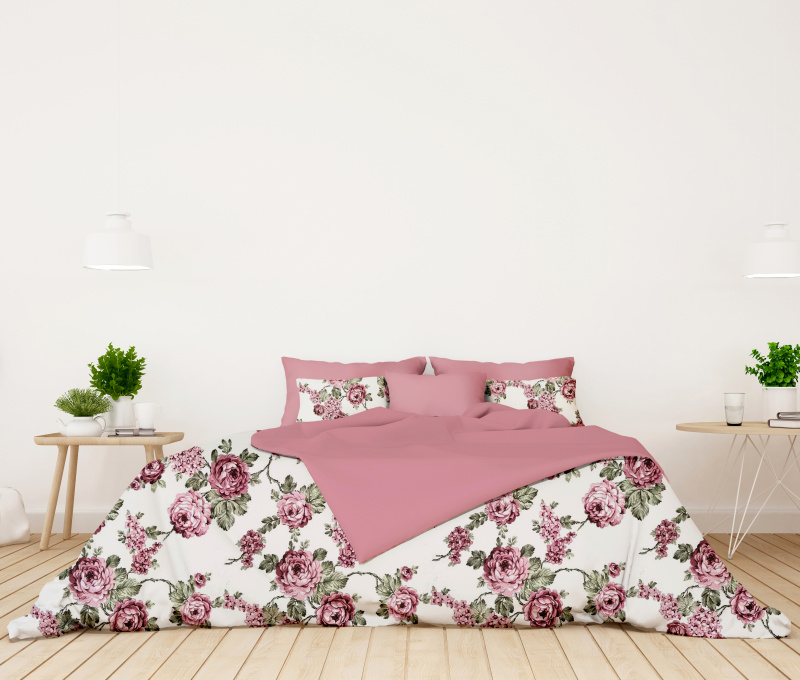 Ervi bavlněné povlečení oboustranné - růžové květy na bílém/růžové