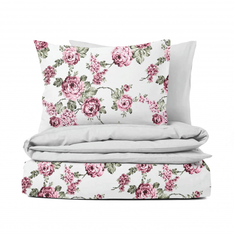 Ervi bavlněné povlečení oboustranné - růžové květy na bílém/světlé šedé