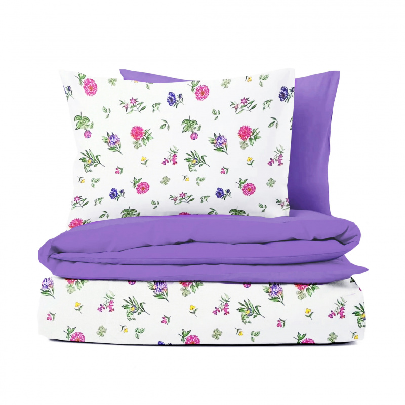 Ervi bavlněné povlečení oboustranné - Modré a růžové květinky/fialové