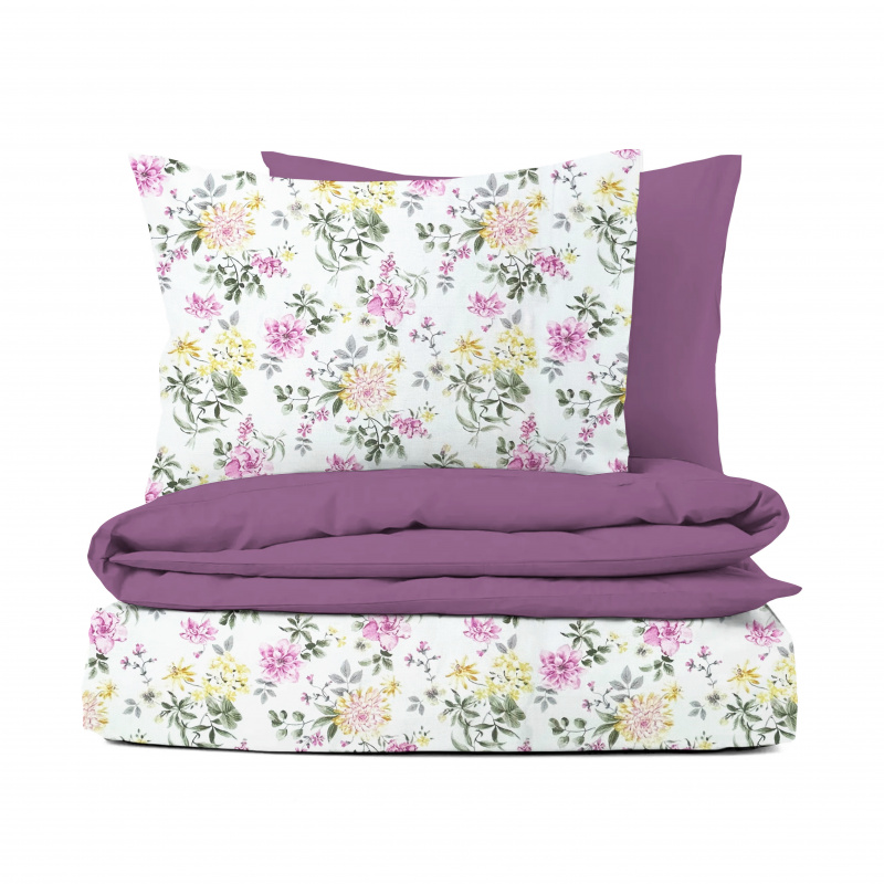 Ervi bavlněné povlečení oboustranné - barevné květiny na bílém/fialové