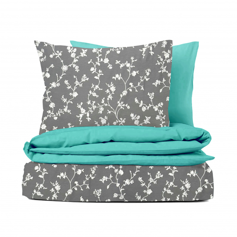 Ervi bavlněné povlečení oboustranné - Popínavé květiny na šedém/tyrkysové