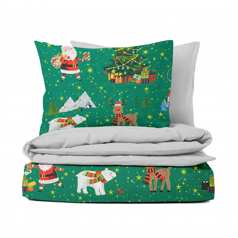 Ervi bavlněné povlečení oboustranné  Vánoční vzor zelený/světle šedé