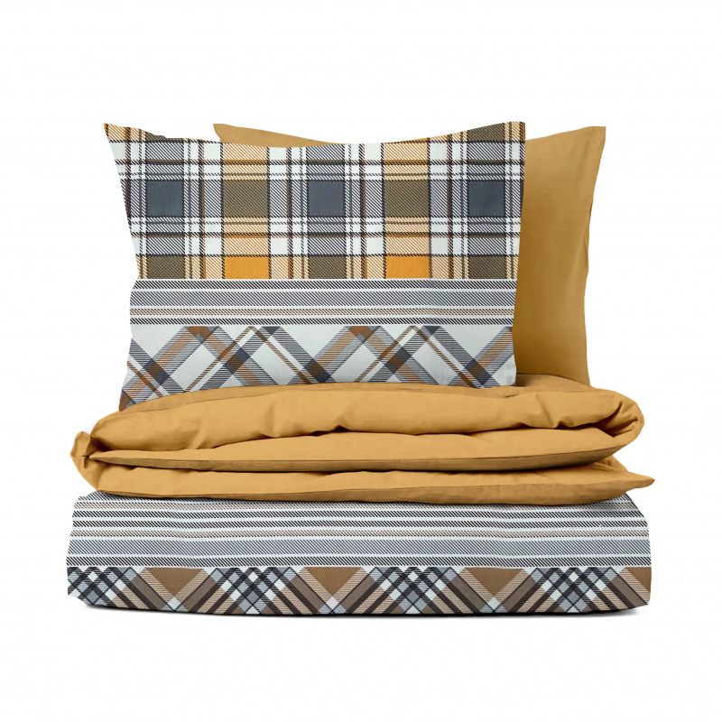 Ervi bavlněné povlečení oboustranné - hnědo-šedé káro/hořčice