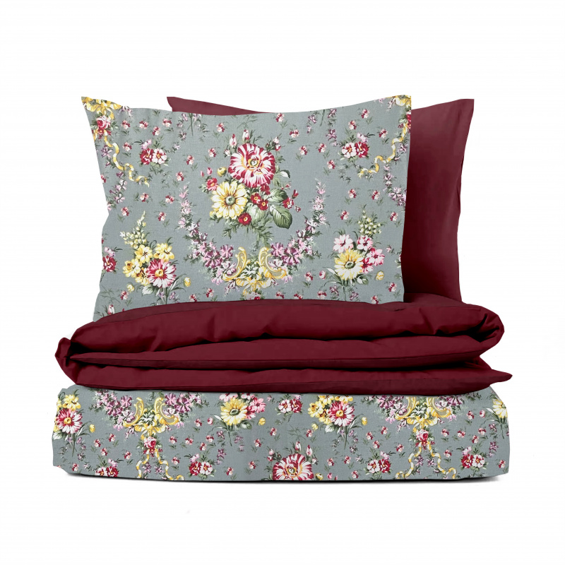 Ervi bavlněné povlečení oboustranné - Kytice na šedém/bordo