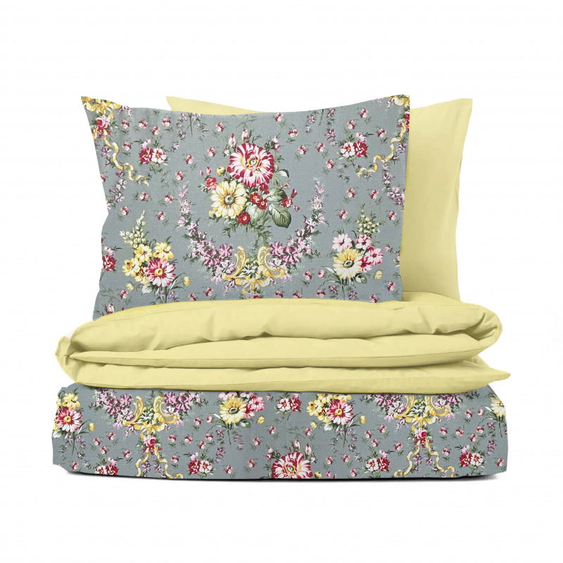 Ervi bavlněné povlečení oboustranné - Kytice na šedém/světlo žluté