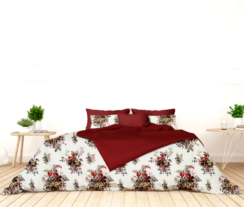 #Ervi bavlněné povlečení oboustranné - Růže a kapradí/bordo 200x220cm