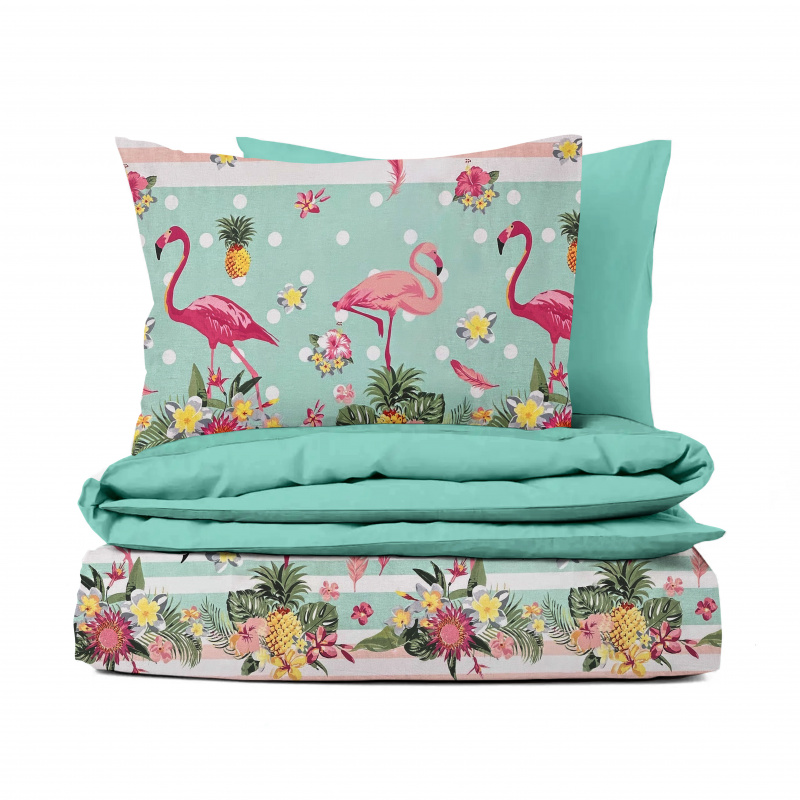 #Ervi bavlněné povlečení oboustranné 200x220 cm - Plameňáci/tyrkysové