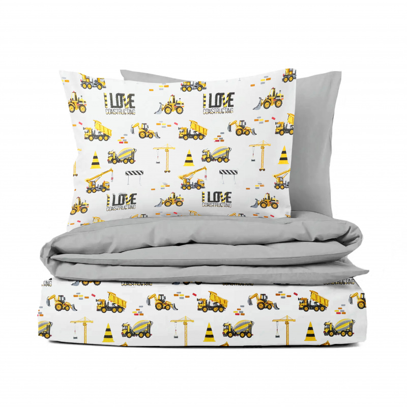 Ervi FLANELOVÉ bavlněné povlečení DUO  - auta a bagry/šedé