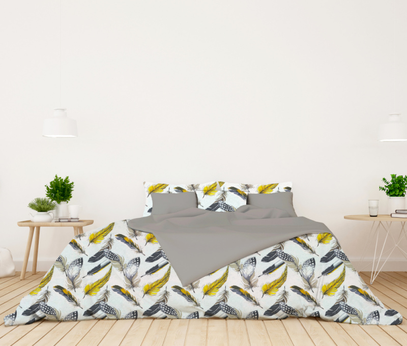#Ervi bavlněné povlečení oboustranné - žluté a šedé peří/šedé 140x200 cm
