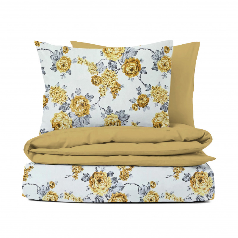 Ervi bavlněné povlečení oboustranné - žluté květy na bílém/hořčice