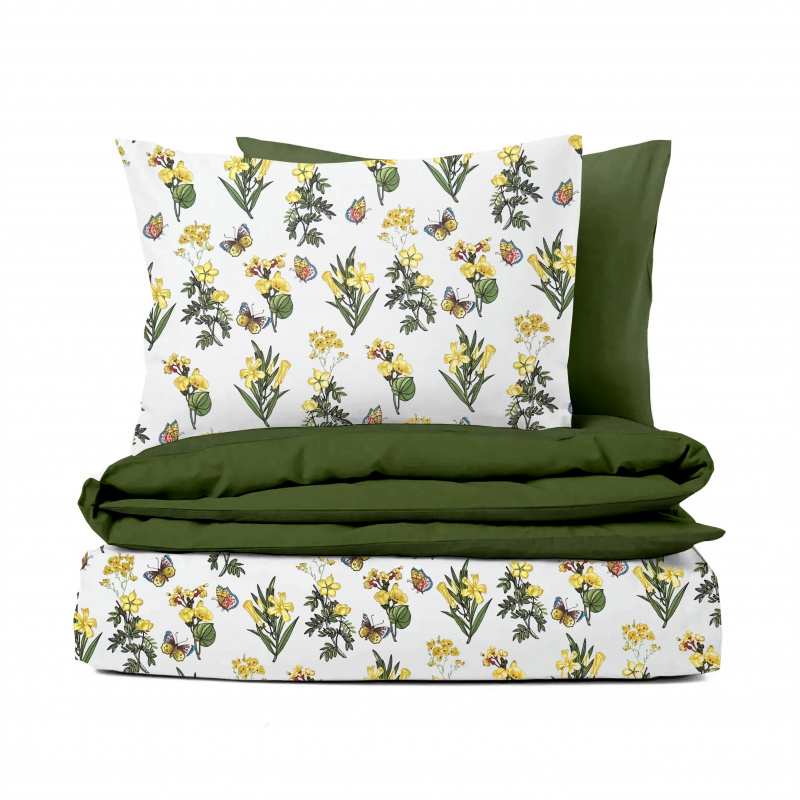 Ervi bavlněné povlečení oboustranné - žluté luční květiny/olivové
