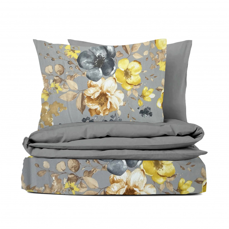 #Ervi FLANELOVÉ bavlněné povlečení DUO - žluté květy na šedém/šedé 140x200 cm