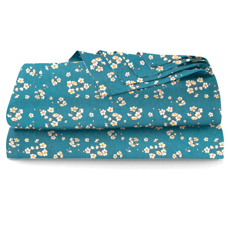 Ervi bavlněné prostěradlo - Třešňový květ na tyrkysovým