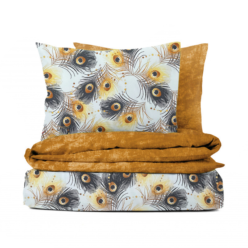 #Ervi bavlněné povlečení oboustranné -  žluté a šedé peří2/oranžové žihané 200x220cm