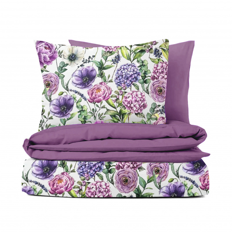 Ervi Bavlněné Saténové povlečení DELUXE DUO - Fialová zahrada/fialové