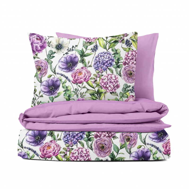 Ervi Bavlněné Saténové povlečení DELUXE DUO - Fialová zahrada/ružové