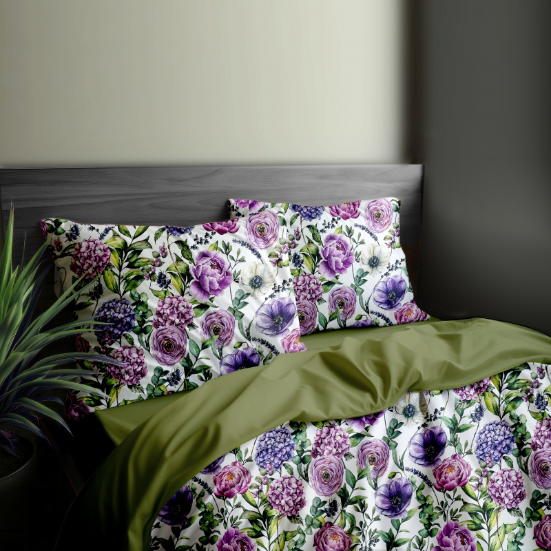 Ervi Bavlněné Saténové povlečení DELUXE DUO - Fialová zahrada/olivové