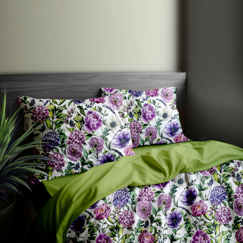 Ervi Bavlněné Saténové povlečení DELUXE DUO - Fialová zahrada/světle olivové