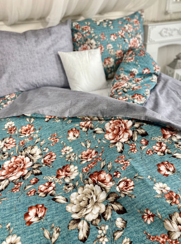 #Ervi bavlněné povlečení DUO - květy na tyrkysovém/šedé 140x200 cm