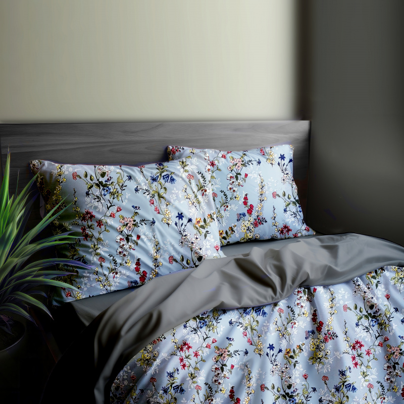 Ervi bavlněné povlečení oboustranné - malované luční květiny na modrém/šedé