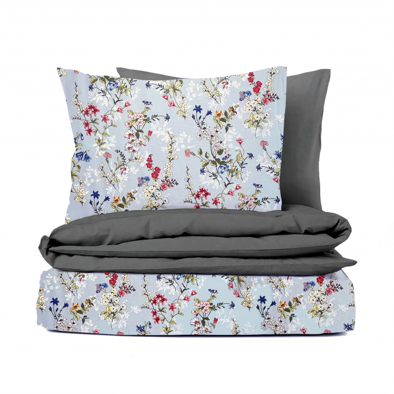 Ervi bavlněné povlečení oboustranné - malované luční květiny na modrém/šedé