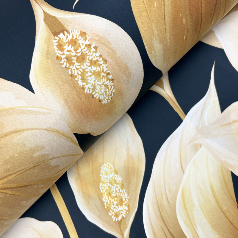 Ervi Bavlněná Satenová látka/plátno š.240cm - exotické zlaté listy - 53-7, metráž