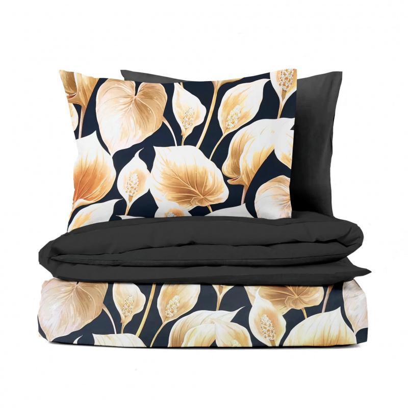 Ervi Bavlněné Saténové povlečení DELUXE DUO - exotické zlaté listy/černé