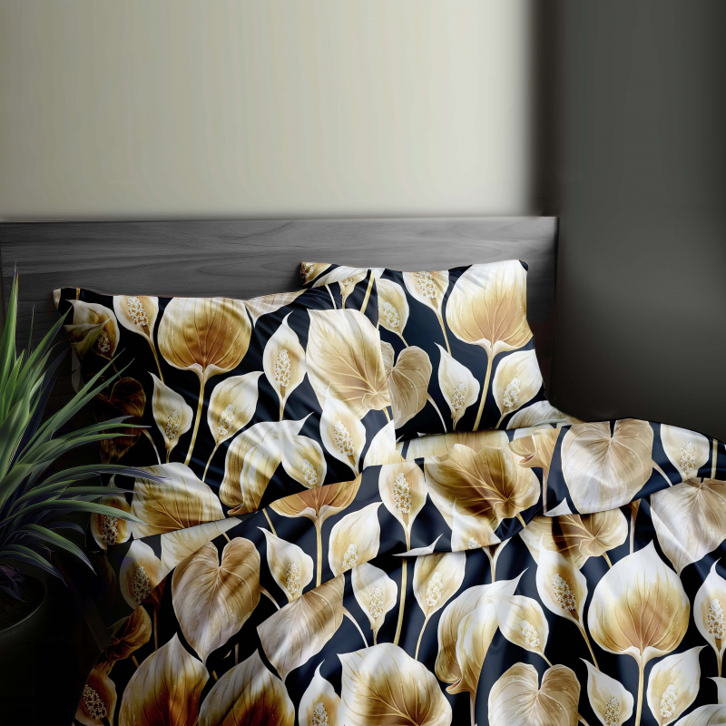 Ervi Bavlněné Saténové povlečení DELUXE - exotické zlaté listy