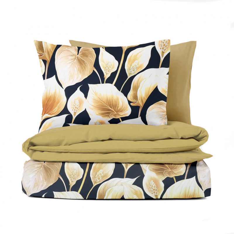 Ervi Bavlněné Saténové povlečení DELUXE DUO - exotické zlaté listy/zlaté