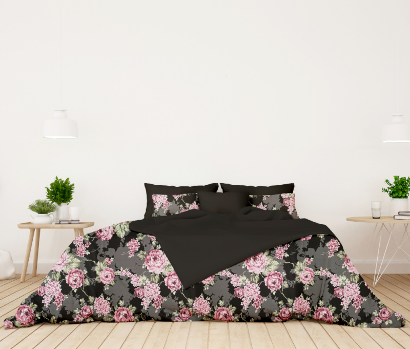 #Ervi bavlněné povlečení oboustranné - Květy na černém/černé 220x240 cm