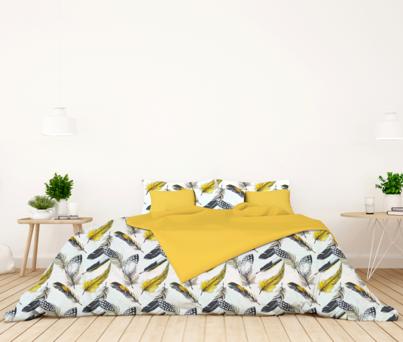 #Ervi bavlněné povlečení oboustranné - žluté a šedé peří/žluté 140x200 cm