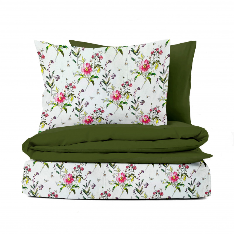 Ervi bavlněné povlečení oboustranné - Louka na bílém/olivové