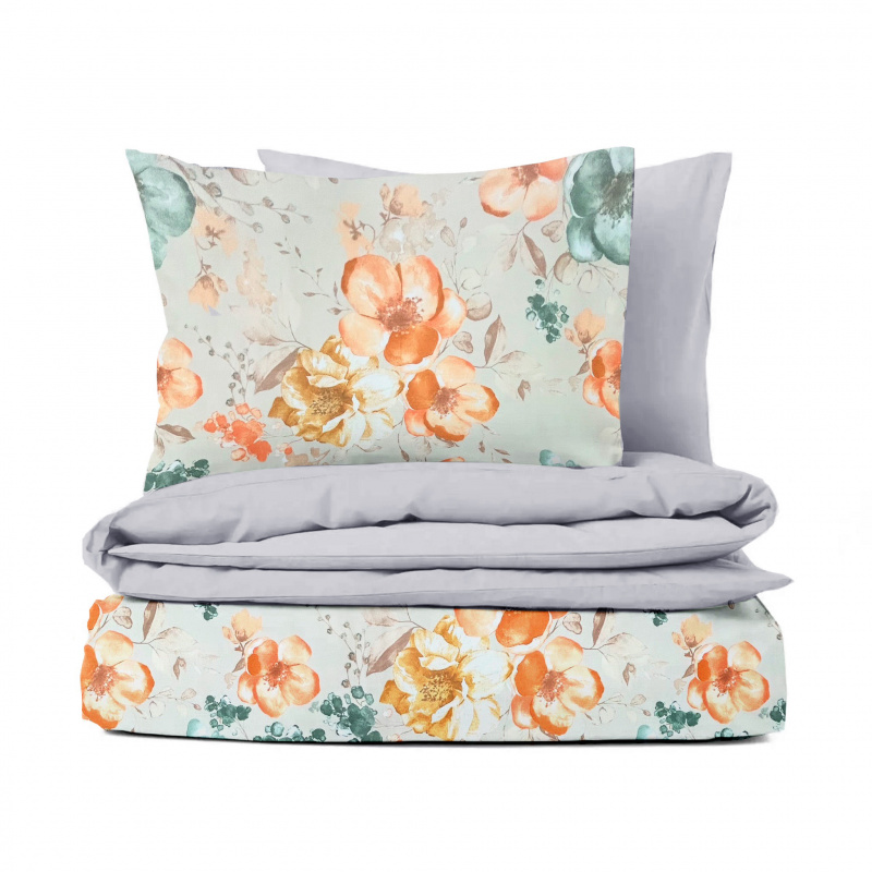 Ervi bavlněné povlečení oboustranné - oranžové akvarelové květiny/šedé