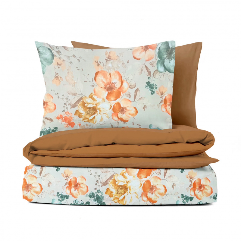Ervi bavlněné povlečení oboustranné - oranžové akvarelové květiny/hnědé