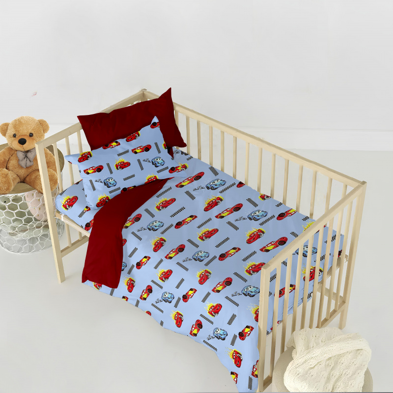 Ervi bavlněné povlečení do postýlky DUO - autíčká na modrém/bordo