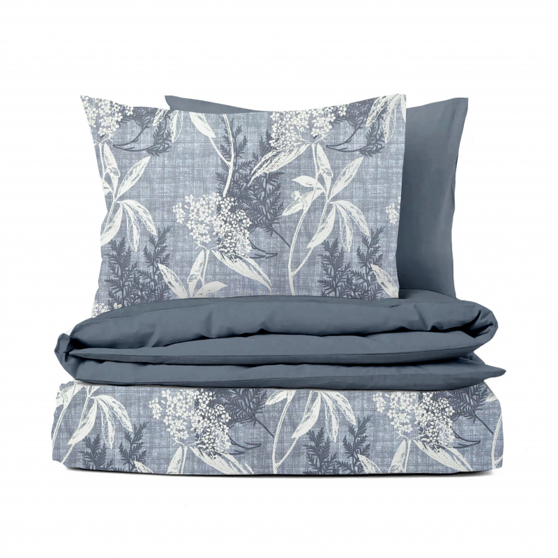 Ervi bavlněné povlečení oboustranné - modré a bílé listy na modrém/šedé